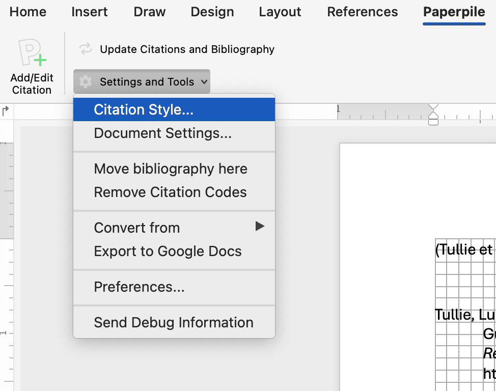 The Paperpile tab in the Microsoft Word ribbon with the Settings and Tools menu open and “Citation Style…” highlighted, above Document Settings, Move bibliography here, Remove Citation Codes, Convert from, Export to Google Docs and Preferences.